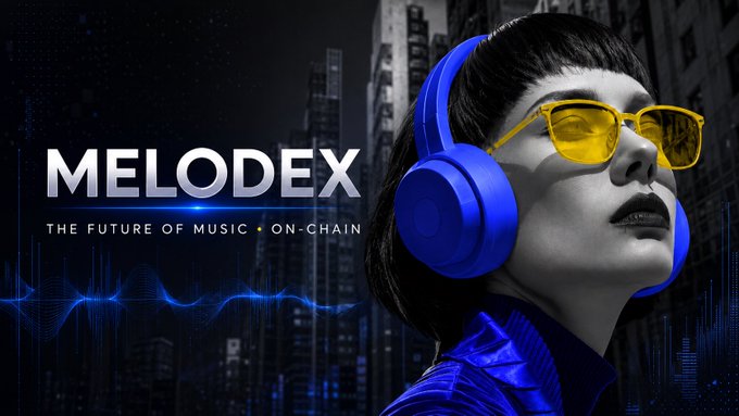 Promotional graphic for "MELODEX - THE FUTURE OF MUSIC ON-CHAIN" featuring a woman wearing blue headphones and yellow sunglasses against a dark cityscape.