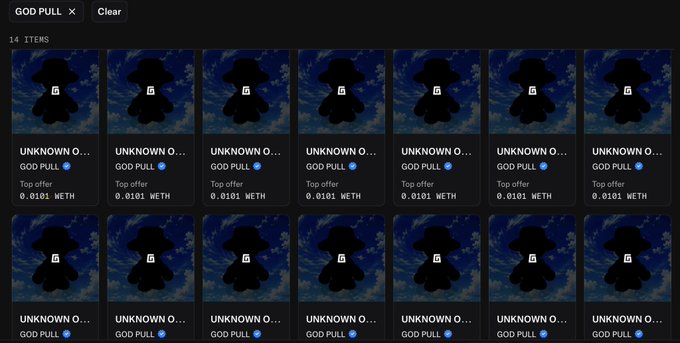 Grid view of 14 items from the GOD PULL collection on OpenSea, each showing the same 'UNKNOWN O...' NFT with a top offer of 0.0101 METH.