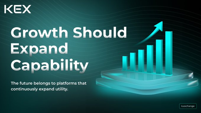 A promotional graphic from KEX (k.exchange) features the text "Growth Should Expand Capability" with an ascending cyan bar chart and the tagline "The future belongs to platforms that continuously expand utility."