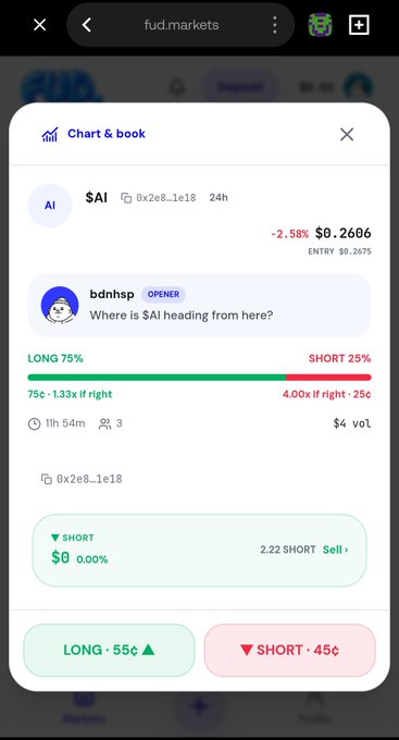 A mobile screenshot of the 'fud.markets' app showing a trading prediction on the $AI token by user 'bdnhsp', with current price at $0.2606 (down 2.58%) and a market showing 75% LONG vs 25% SHORT.