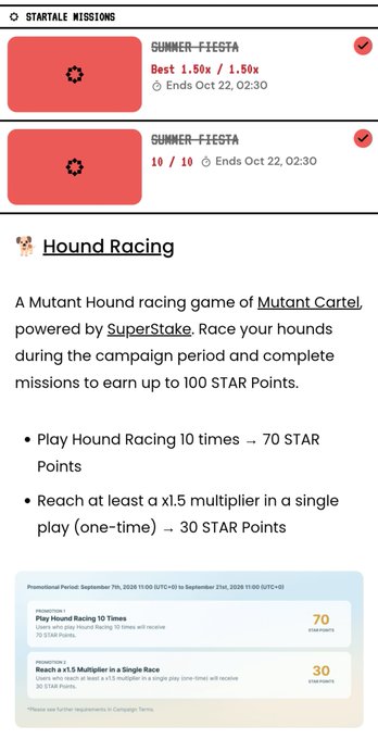 A screenshot of a 'STARLATE MISSIONS' page for 'Hound Racing', a Mutant Cartel game powered by SuperStake, detailing missions like 'Play Hound Racing 10 times' for 70 STAR Points and 'Reach a x1.5 Multiplier' for 30 STAR Points, ending Oct 22, 02:30.