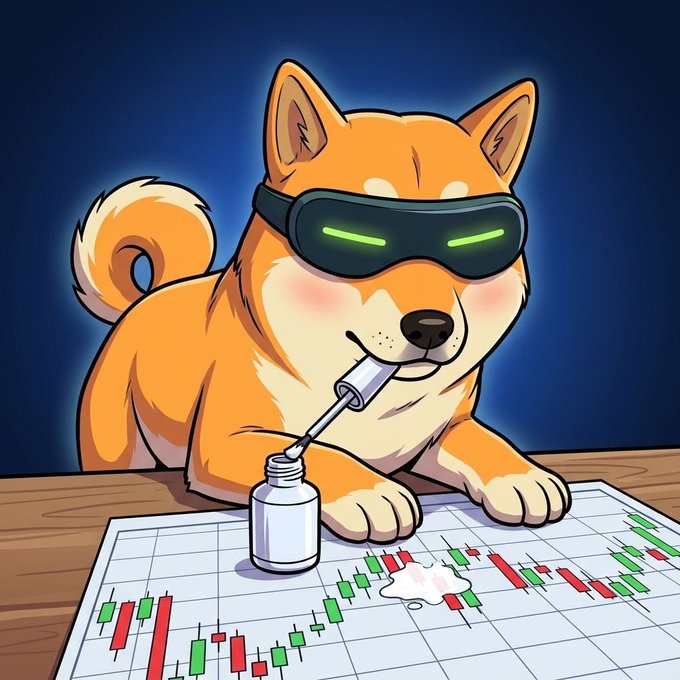 A cartoon illustration of a Shiba Inu dog wearing a VR headset, drooling onto a stock chart while drinking from a small bottle, with some spilled liquid on the candlestick graph.