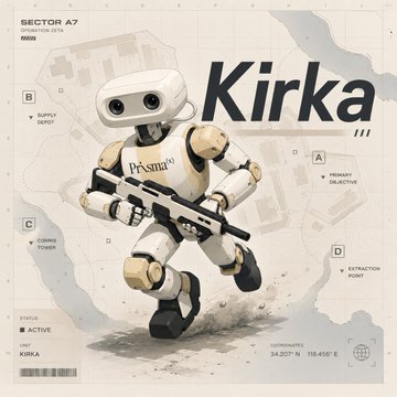 A promotional graphic features a robot character labeled "KIRKA" with "SECTOR A7" details, coordinates 34.207°N 118.456°E, and "PASMA" branding, shown alongside event objectives like Supply Depot, Product Objective, and Extraction Point. The image relates to the post as it visually represents the Kirka event hosted for the PrismaX community.