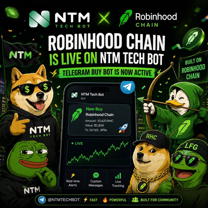 The image is a promotional graphic announcing "ROBINHOOD CHAIN IS LIVE ON NTM TECH BOT" with a Telegram buy bot feature, showing a phone interface with a "New Buy" alert for Robinhood Chain (10,420 RHC at $2,856), and is decorated with cartoon mascots including a Shiba Inu, Pepe the Frog, and a hooded duck archer. It supports the post's message by advertising the NTM Tech Bot Telegram service as the go-to platform for tracking and trading Robinhood Chain tokens.
