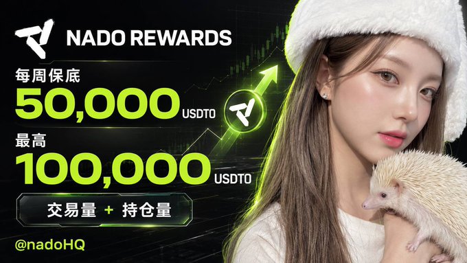 The image is a promotional graphic for NadoHQ's rewards program, featuring a young woman in a white fuzzy hat holding a hedgehog, alongside bold text announcing "NADO REWARDS" with a guaranteed weekly minimum of 50,000 USDT0 and a maximum of 100,000 USDT0, based on "交易量 + 持仓量" (trading volume + holdings), tagged @nadoHQ.