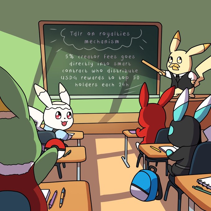 A teacher-like Pokémon character stands at a chalkboard lecturing to a classroom of Pokémon students, with the board reading "Tdlr on royalties mechanism - 5% creator fees goes directly into smart contract who distribute USDG rewards to top 50 holders each 24h," illustrating the announcement's explanation of how 5% creator fees are distributed as USDG rewards to top holders every 24 hours via the contract at 0x67e06c0633dA8981af26966dbf5d96010FBaEb0f.
