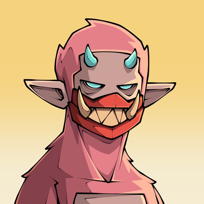 An illustration of a pink, demonic-looking character with pointed ears, blue horns, glowing blue eyes, and a wide, jagged red mouth against a pale yellow background.
