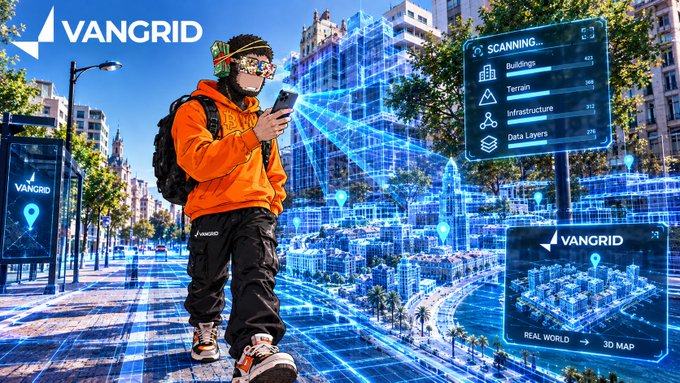 A vibrant digital artwork showing a person in an orange hoodie and tech goggles using a smartphone to scan a city into a 3D map, branded 'VANGRID' with a scanning interface overlay.