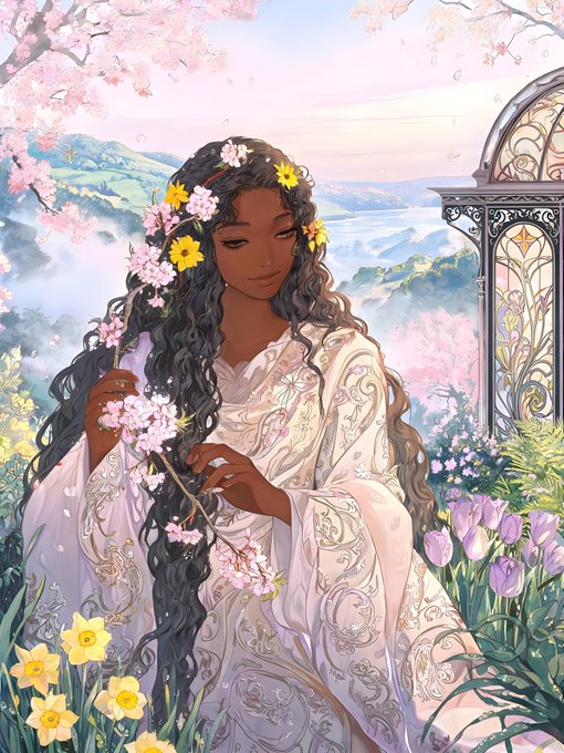 An anime-style illustration of a woman with long dark hair adorned with yellow flowers, wearing a white gown among cherry blossoms and tulips.