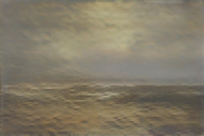 A muted, impressionistic painting depicts a vast landscape under a cloudy sky with soft, earthy tones.