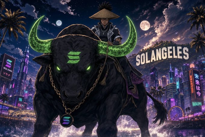 A warrior in a conical hat rides a massive black bull with glowing green Solana-logo horns through a neon-lit "Solangeles" cityscape, with visible text reading "SOLANGELES," "SOLANA," "DEFI," and "WAGMI." The image teases Solangeles Chapter 2 as a dramatic visual for the announcement of a new sponsorship system that will let anyone join the cast.