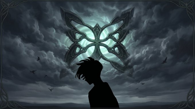 A dark, atmospheric anime-style illustration featuring the silhouette of a person looking at a glowing, ornate butterfly emblem in a stormy sky.