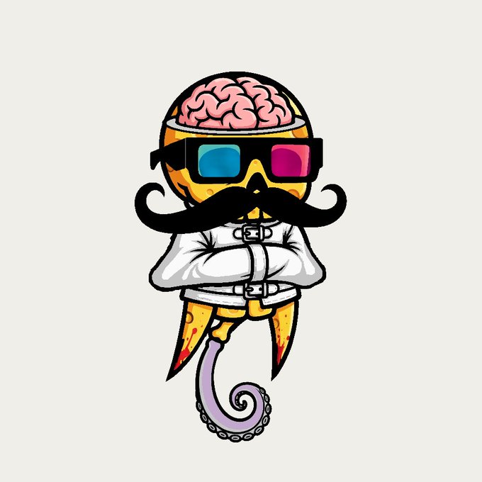 A whimsical cartoon character combining a pizza body with an exposed pink brain for a head, wearing 3D glasses, a large curled mustache, and a white straitjacket, with a tentacle for a leg.