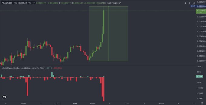 A 1-hour candlestick chart of AKE/USDT on Binance shows the price surging to $0.00644 (up 69.61%) alongside a CoinGlass "Symbol Liquidations Long No Filter" indicator displaying -406.83K in shorts liquidated, visually confirming the short squeeze-driven rally mentioned in the post.