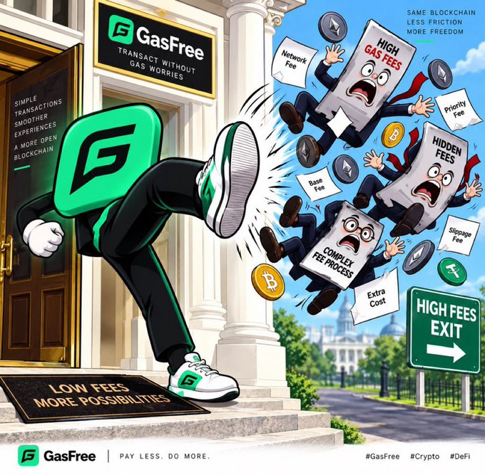 A cartoon promotional image for 'GasFree' showing a green logo character kicking figures labeled 'HIGH GAS FEES,' 'HIDDEN FEES,' and 'COMPLEX FEE PROCESS,' with the tagline 'PAY LESS. DO MORE.' and hashtags #GasFree #Crypto #DeFi.