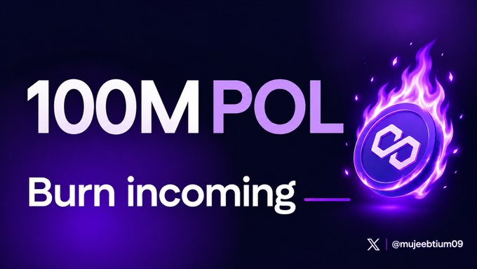 A promotional graphic with a dark purple background displaying '100M POL Burn incoming' next to an image of the Polygon (POL) token engulfed in flames.