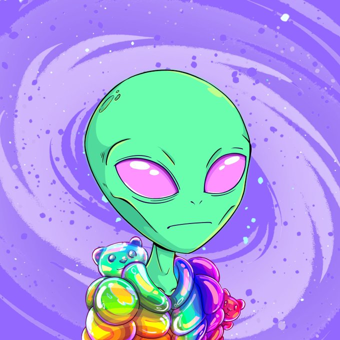 An illustration of a green alien with large pink eyes holding colorful, rainbow-tinted gummy bears against a swirling purple background.