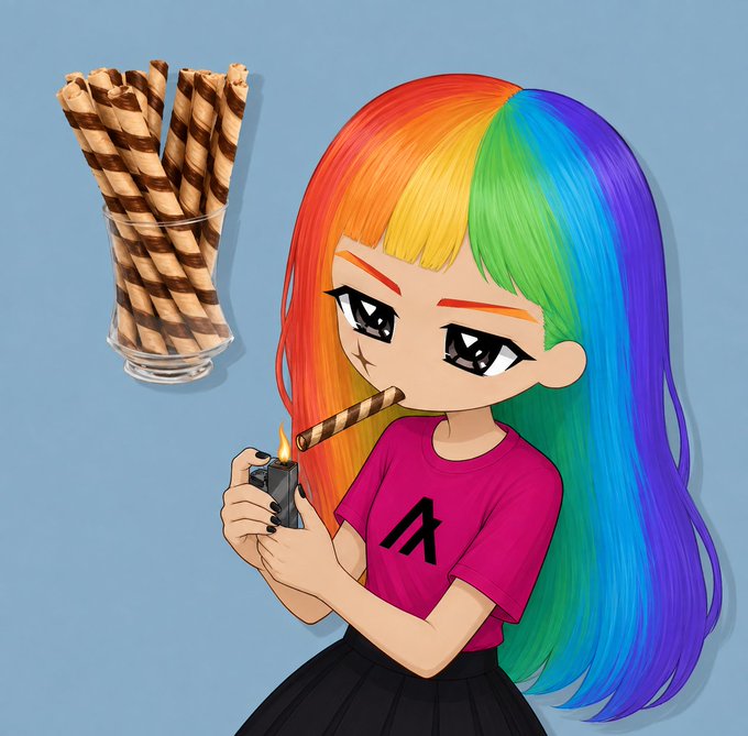 A digital illustration of a girl with rainbow-colored hair wearing a pink shirt with a stylized 'A' logo, lighting a striped wafer roll with a lighter next to a glass full of similar wafer rolls.