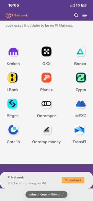 A screenshot of the Pi Network app showing a directory of cryptocurrency exchanges and platforms (including Kraken, OKX, Banxa, LBank, Pionex, Zypто, Bitget, Onramper, MEXC, Gate.io, Onramp.money, and TransFi) that purportedly support Pi Mainnet, visually reinforcing the post's sarcasm about Pi Network producing only "hot air" rather than tangible functionality.