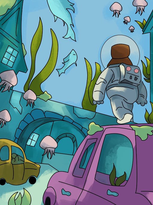 Whimsical cartoon illustration depicting an underwater scene with an astronaut floating among jellyfish, fish, seaweed, and sunken buildings, with a yellow car and pink submerged truck visible in the foreground.