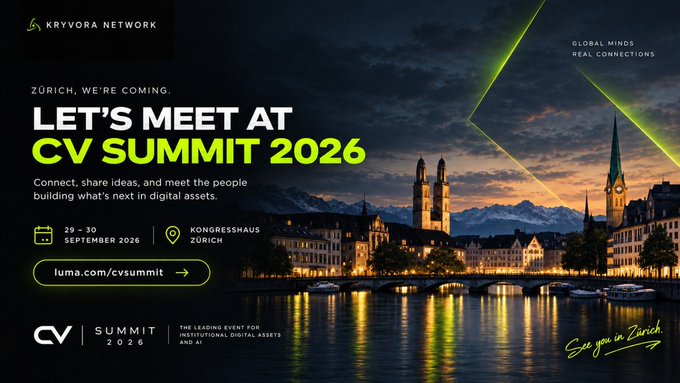 A promotional banner for 'CV Summit 2026' hosted by Kryvora Network, advertising an event from September 29-30 at Kongresshaus Zürich with the tagline 'Global Minds, Real Connections' over a scenic city skyline.
