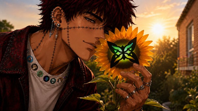 A masculine figure with dark red hair, earrings, and stitched facial markings holds a sunflower featuring a glowing green butterfly emblem, set against a golden sunset. The image ties into a post announcing QuipNetwork's role in building quantum infrastructure, symbolizing growth and transformation through the butterfly motif emerging from the sunflower's core.