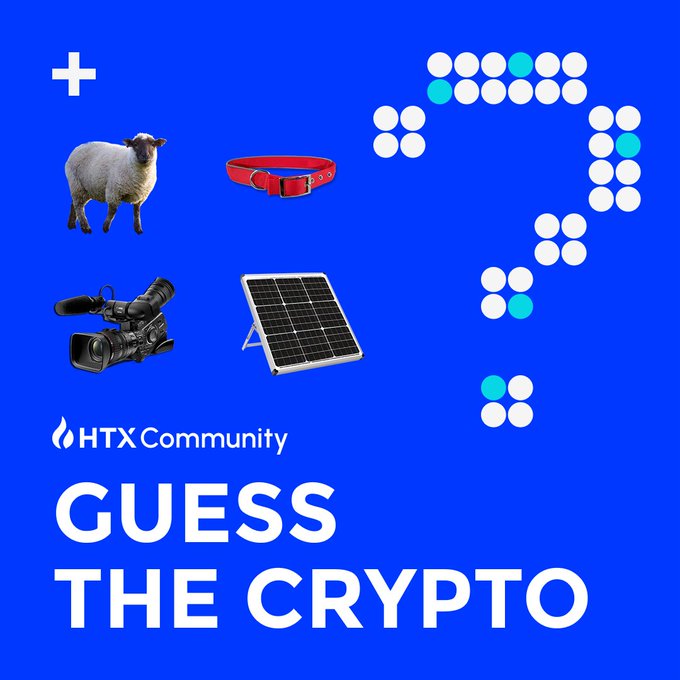 An 'HTX Community' graphic for a 'GUESS THE CRYPTO' game showing emojis including a sheep, red collar, camera, and solar panel next to a pattern of dots.