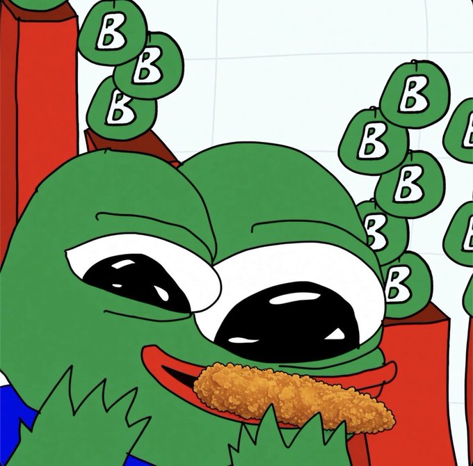 The Pepe the Frog meme character is shown eating fried chicken, surrounded by green balloons featuring the letter 'B' representing Bitcoin.