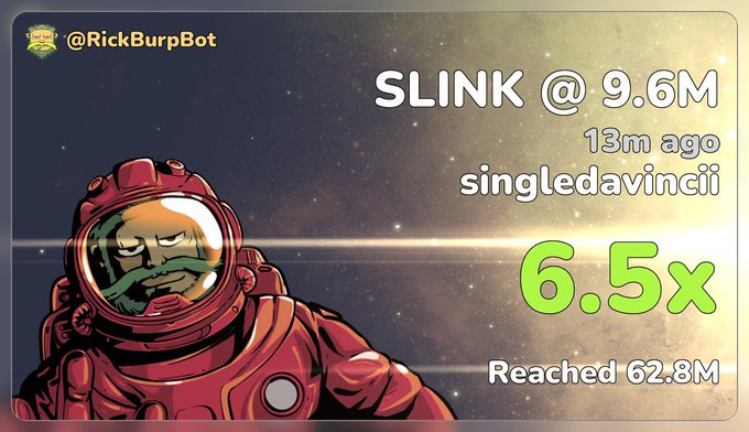 An astronaut character against a cosmic backdrop advertises a 6.5x gain for the "SLINK" ticker at 9.6M, with the trade made 13 minutes ago by "singledavincii" reaching 62.8M, fitting the celebratory "Bismillah" caption marking a successful moonshot-style crypto bet.