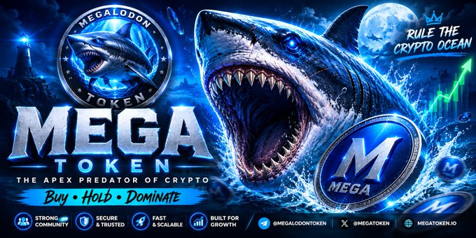 The image shows a graphic design featuring a shark with blue teeth, set against a dark blue ocean backdrop. The words "MEGALODON TOKEN" are prominently displayed at the top of the image. Below the shark, there's text that says "The ocean has a new king." This phrase could potentially be referring to Megalodon token or a similar cryptocurrency project. In addition to the shark and ocean theme, a social media post can be seen in the bottom left corner with various symbols such as a green dollar sign and some text reading "#MEGA #crypto #memecoin". This suggests that there might be an advertisement for Megalodon token involving both visuals and text.