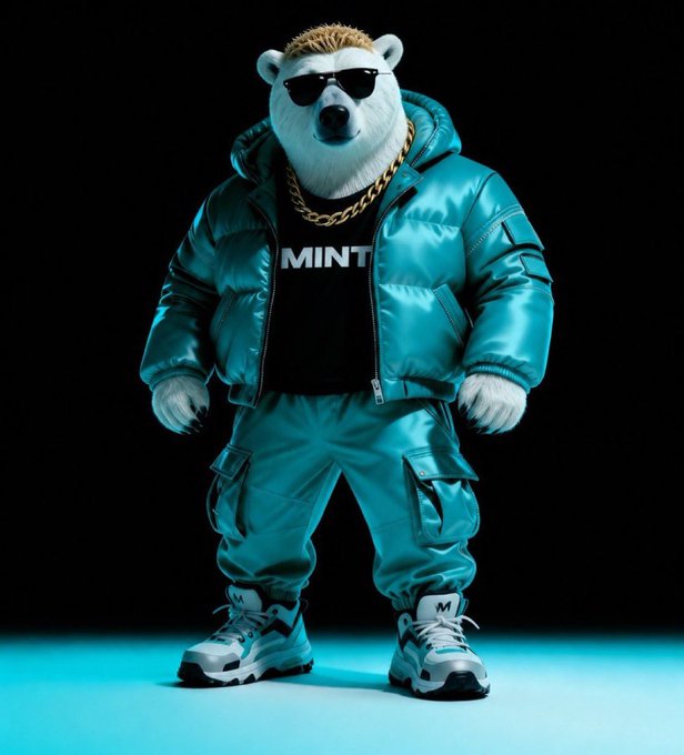 A stylized polar bear character wearing sunglasses, a gold chain, and a teal puffer jacket and cargo pants, standing against a dark background.