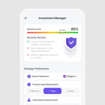 An 'Investment Manager' mobile app interface displaying an 85% security score, low risk level, security factors, chain preference set to Polygon, and protocol age requirement options.