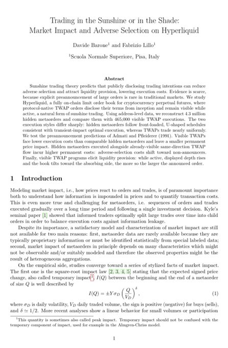 The image shows the first page of an academic paper titled "Trading in the Sunshine or in the Shade: Market Impact and Adverse Selection on Hyperliquid" by Davide Barone and Fabrizio Lillo from Scuola Normale Superiore, Pisa, Italy. The abstract describes a study using address-level data to reconstruct 4.3 million hidden metaroders and compare them with 405,000 visible TWAP executions on Hyperliquid's on-chain order book, demonstrating the platform's evolution from a crypto experiment into a serious venue for academic financial research on market microstructure.