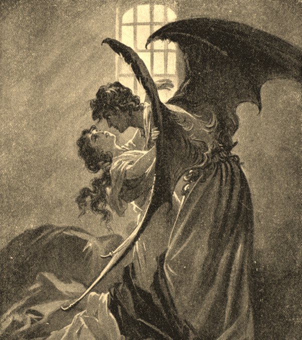 A dark, classical illustration depicting a winged demonic figure embracing a human, with the creature's large bat-like wings spread behind them near a window.