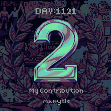 A retro pixel-art style badge featuring a large metallic number '2' surrounded by laurel wreaths, with 'DAY:1131' at the top and 'My contribution manytle' at the bottom.