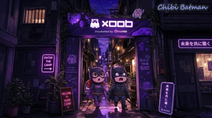 The image features a cartoon scene of two characters, a batman character and a chibi batman character, walking through an urban setting at night with neon signs illuminating their path. They are surrounded by buildings and shops, creating a lively atmosphere. The caption for this image reads "The best products usually make complex things feel simple: @XOOBNetwork Making decentralized platforms easier to explore from the start @River4fun @RiverdotInc keeps $RIVER staking and participation working in one loop @TheARCTERMINAL What stands out here is the architecture."