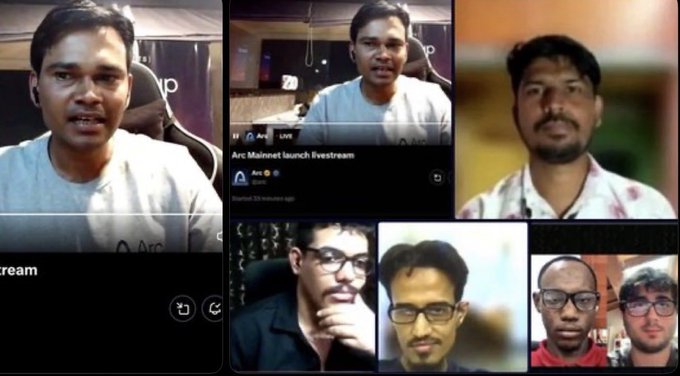 A collage of video call screenshots showing several men in separate frames, with visible text "Arc Mainnet launch livestream" and "Binance" branding, related to a discussion about the ARC chain launch.