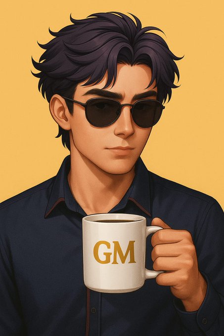 An illustrated portrait of a young man with messy dark hair wearing sunglasses and a dark blue shirt, holding a white mug with gold "GM" lettering.