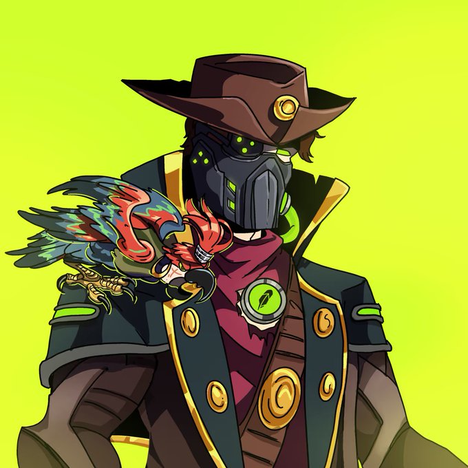 A masked gunslinger in a wide-brimmed cowboy hat and armored trench coat with a colorful parrot perched on his shoulder against a lime-green background, fitting the Western-themed NFT giveaway promotion.