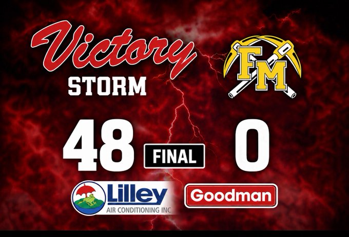 Final score graphic showing Victory Storm defeating FM Goodman 48-0, with sponsor logos for Lilley Air Conditioning and Goodman on a dramatic red stormy background.
