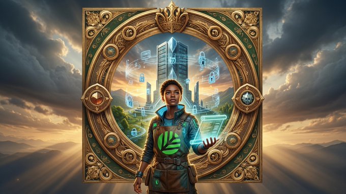 A digital illustration showing a young person in a tech-inspired outfit standing in front of an ornate golden frame that contains a futuristic cityscape with floating holographic padlocks, set against a dramatic sky.