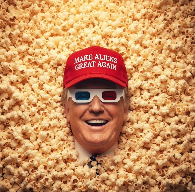A man's face wearing 3D glasses and a red 'MAKE ALIENS GREAT AGAIN' cap emerges from a massive pile of popcorn.