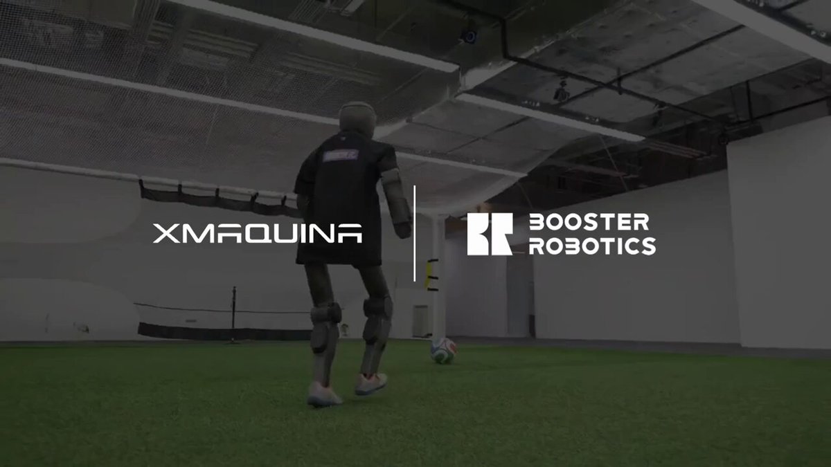 The image features a man standing on a soccer field with a ball, wearing a black shirt and gray shorts. The background of the image shows a white wall with a logo for "boosterobotics" and "xmquina". The caption below the image reads "As the world turns its attention to football, one humanoid is already playing. The Booster K1, a RoboCup champion humanoid, is up for grabs. In collaboration with @boosterobatics  we’re giving a K1 humanoid to the community."