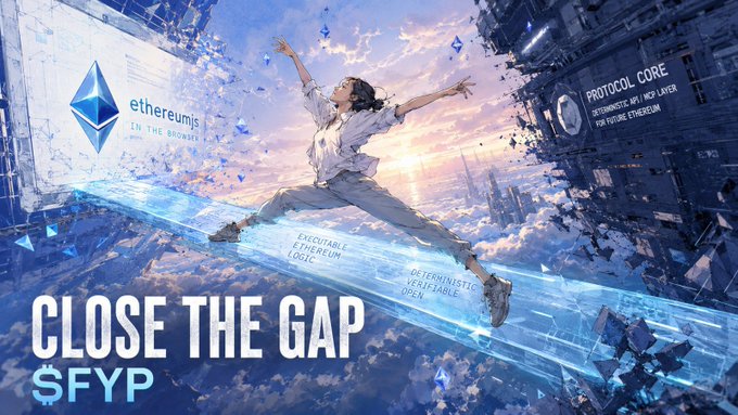 A promotional banner for Ethereum showing a person leaping across a digital bridge between cloud-stored data labeled 'ethereumjs IN THE BROWSER' and 'PROTOCOL CORE' floating above the ocean, with the text 'CLOSE THE GAP $FYP'.
