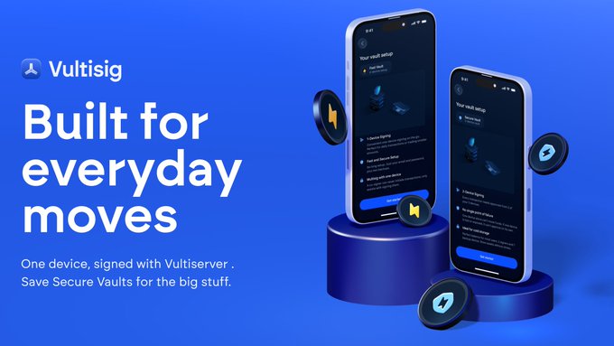 The image is a promotional graphic for Vultisig featuring two smartphones displayed on blue cylindrical pedestals, showcasing the app interface for setting up vaults, alongside floating icons including a lightning bolt, a vault icon, and a key. The bold headline reads "Built for everyday moves" with the tagline "One device, signed with Vultiserver. Save Secure Vaults for the big stuff," directly reinforcing the message that Fast Vault handles daily transactions on a single device while Secure Vaults are reserved for larger holdings.