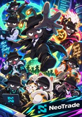 A vibrant NeoTrade promotional graphic featuring an anime-style ninja character surrounded by other stylized figures.