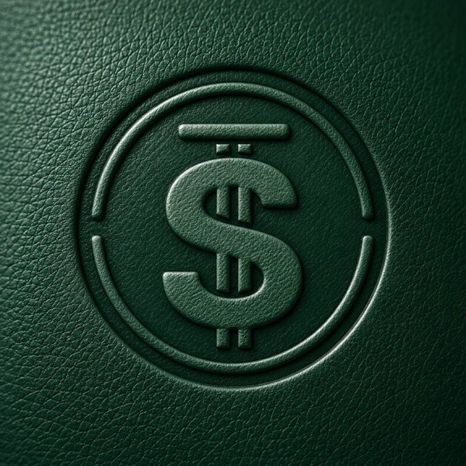 A close-up of an embossed dollar sign ($) on a textured dark green leather surface.
