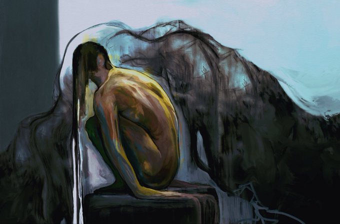 An expressive painting depicting a crouched, sorrowful figure with long dark hair in tones of yellow and brown against a dark, abstract background.