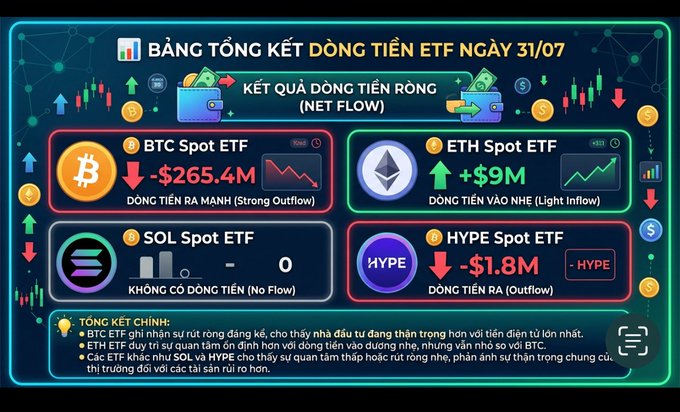 A Vietnamese-language infographic titled 'BẢNG TỔNG KẾT DÒNG TIỀN ETF NGÀY 31/07' showing ETF net flow results: BTC Spot ETF had a strong outflow of -$265.4M, ETH Spot ETF had a light inflow of +$9M, SOL Spot ETF had no flow, and HYPE Spot ETF had an outflow of -$1.8M.