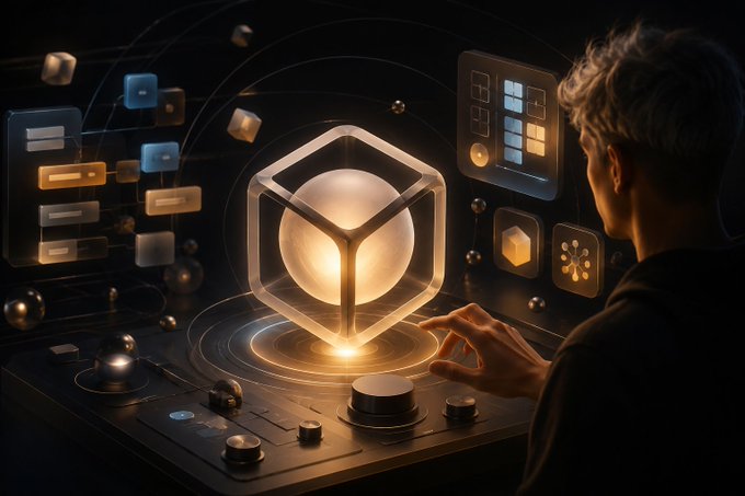 A person interacts with a glowing holographic 3D cube interface, surrounded by floating UI panels and a control panel in a dark, futuristic setting.